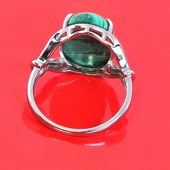 925 Sterling Silver Ring Sz 8.5 with Natural Malachite & CZ - Picture 3 of 13